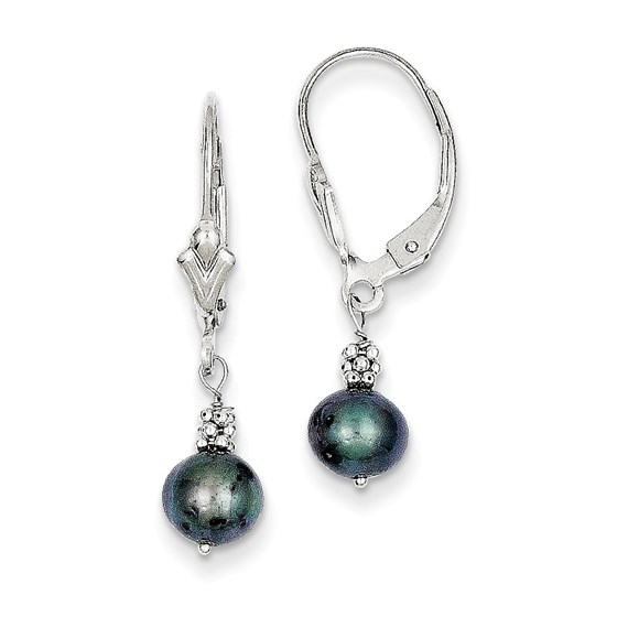 14k White Gold (5-6 mm) Black Cultured Pearl Leverback Earrings 14k White Gold (5-6 mm) Black Cultured Pearl Leverback Earrings